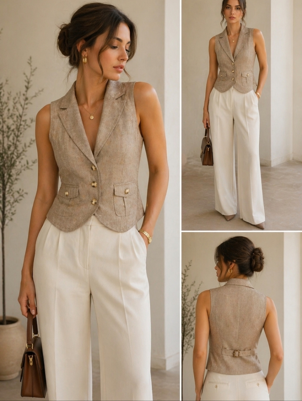 Tan Tailored Vest Button Front Structured Sleeveless Blazer Work Office Top